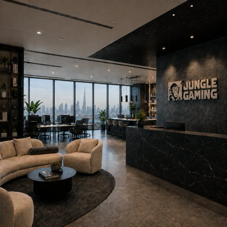 A contemporary collaborative lounge at the Jungle Gaming office